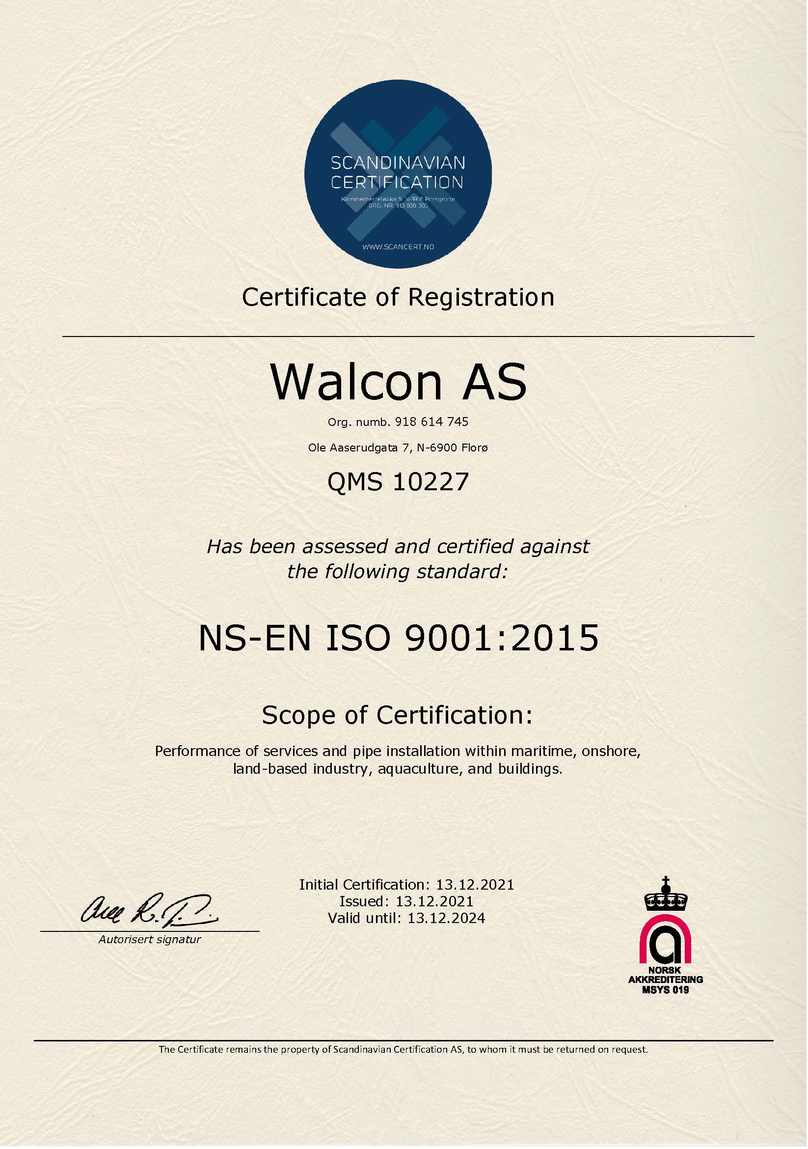 ISO 9001:2015 walcon.no